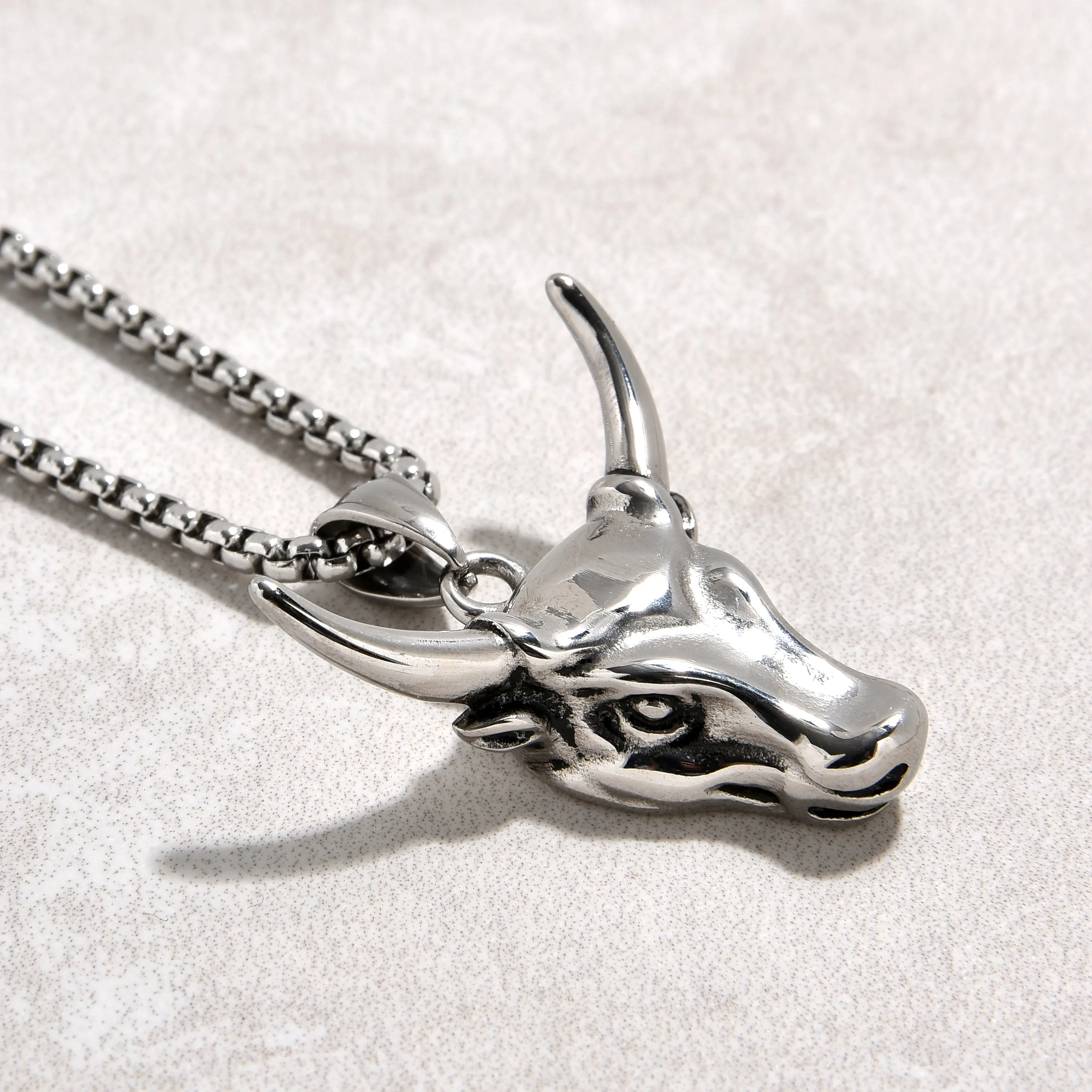 Silver Bull Head Steel Hearts Necklace