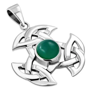 Silver Celtic Trinity Knot Pendant set w/ Green Agate