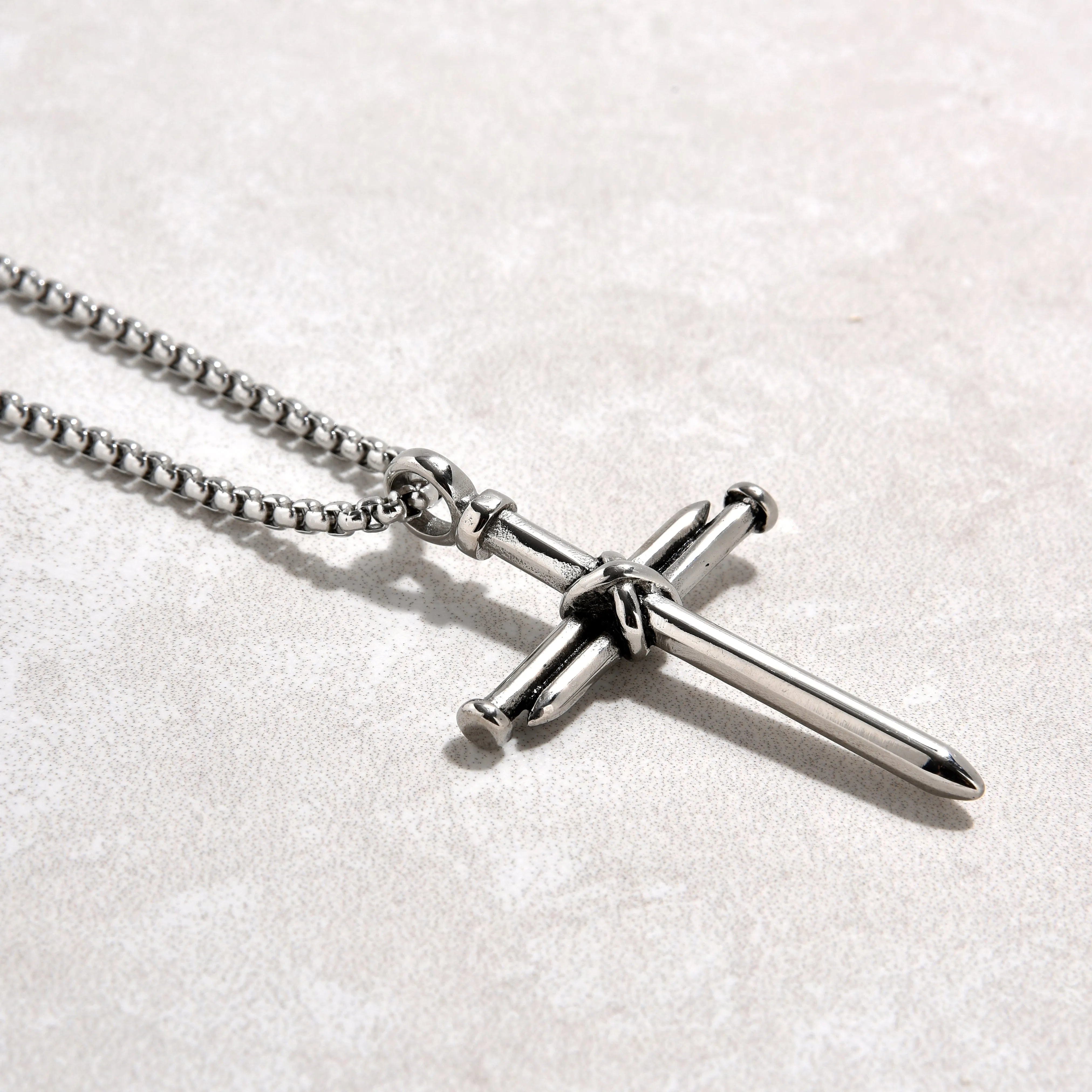 Silver Cross Steel Hearts Necklace