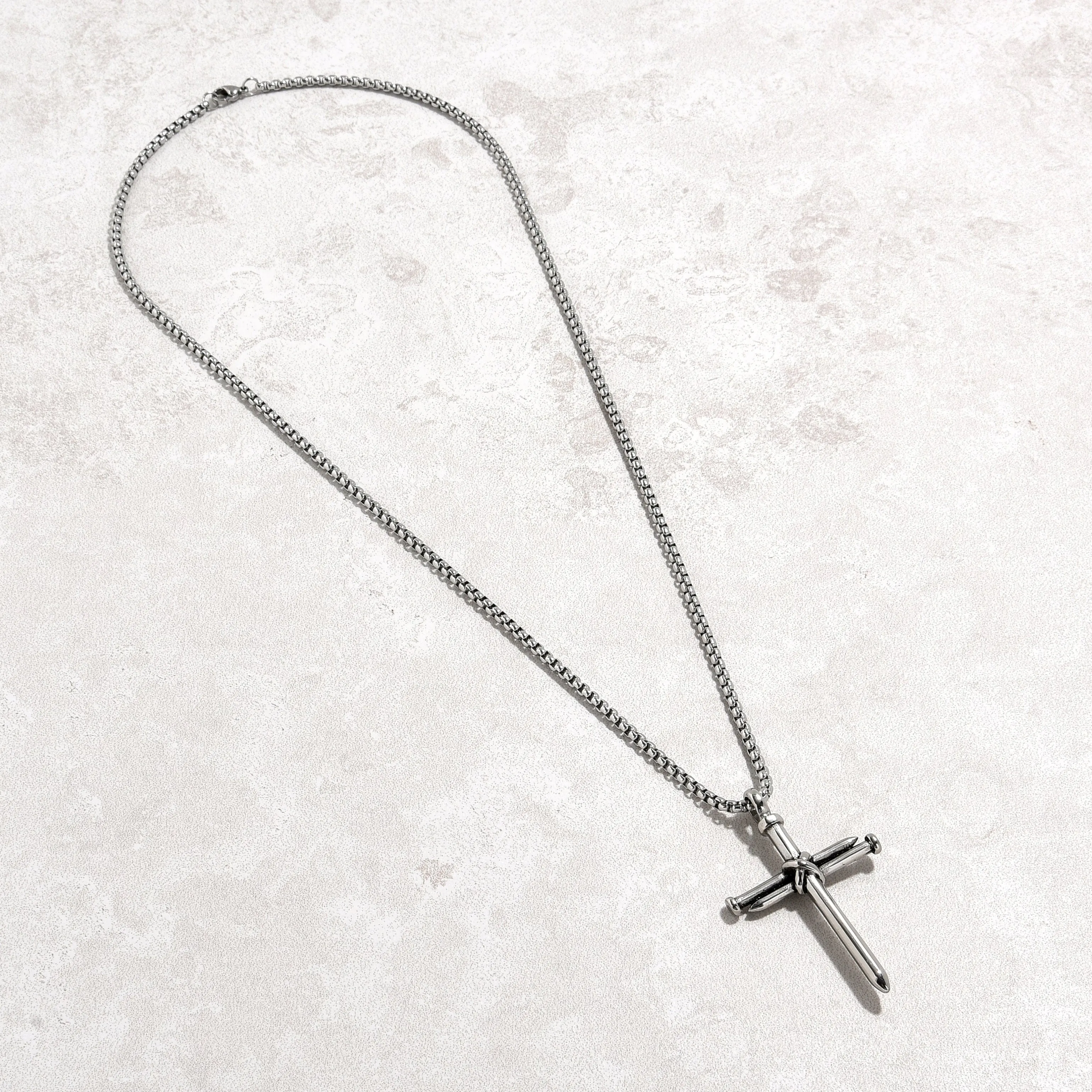 Silver Cross Steel Hearts Necklace