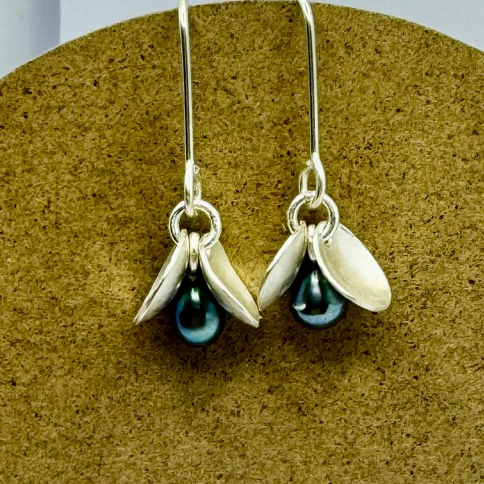 Silver hook earrings with fairy wings and blue pearl