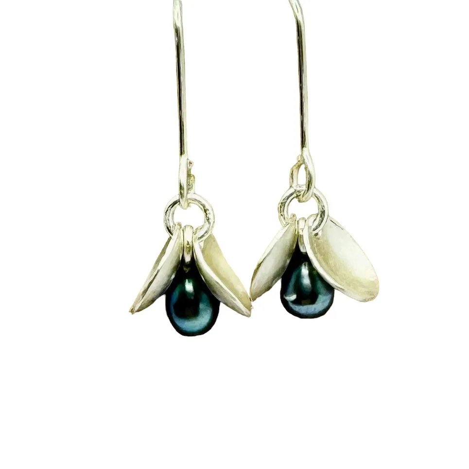 Silver hook earrings with fairy wings and blue pearl