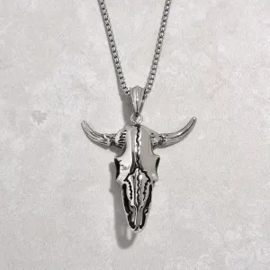 Silver Large Bull Skull Steel Hearts Necklace