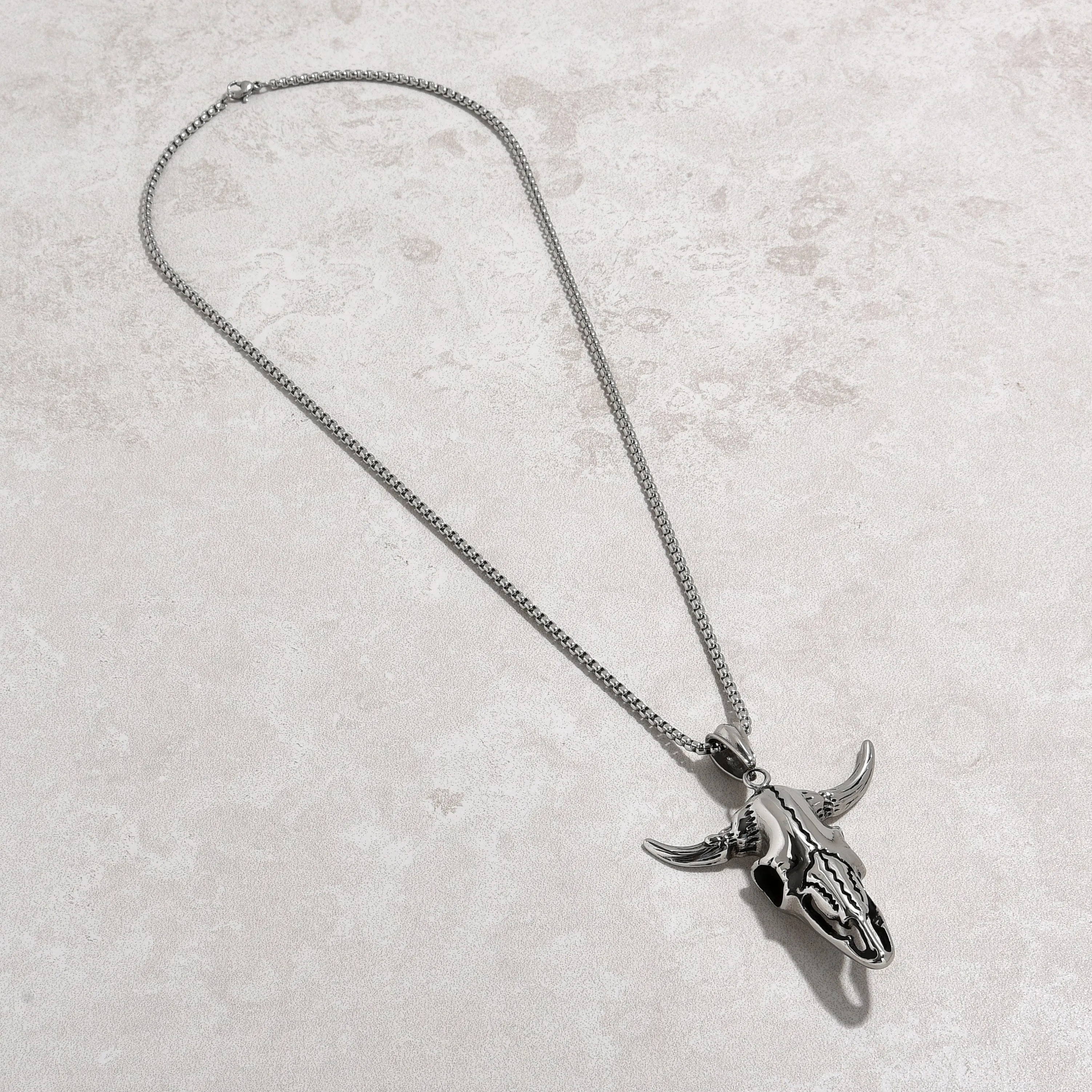 Silver Large Bull Skull Steel Hearts Necklace