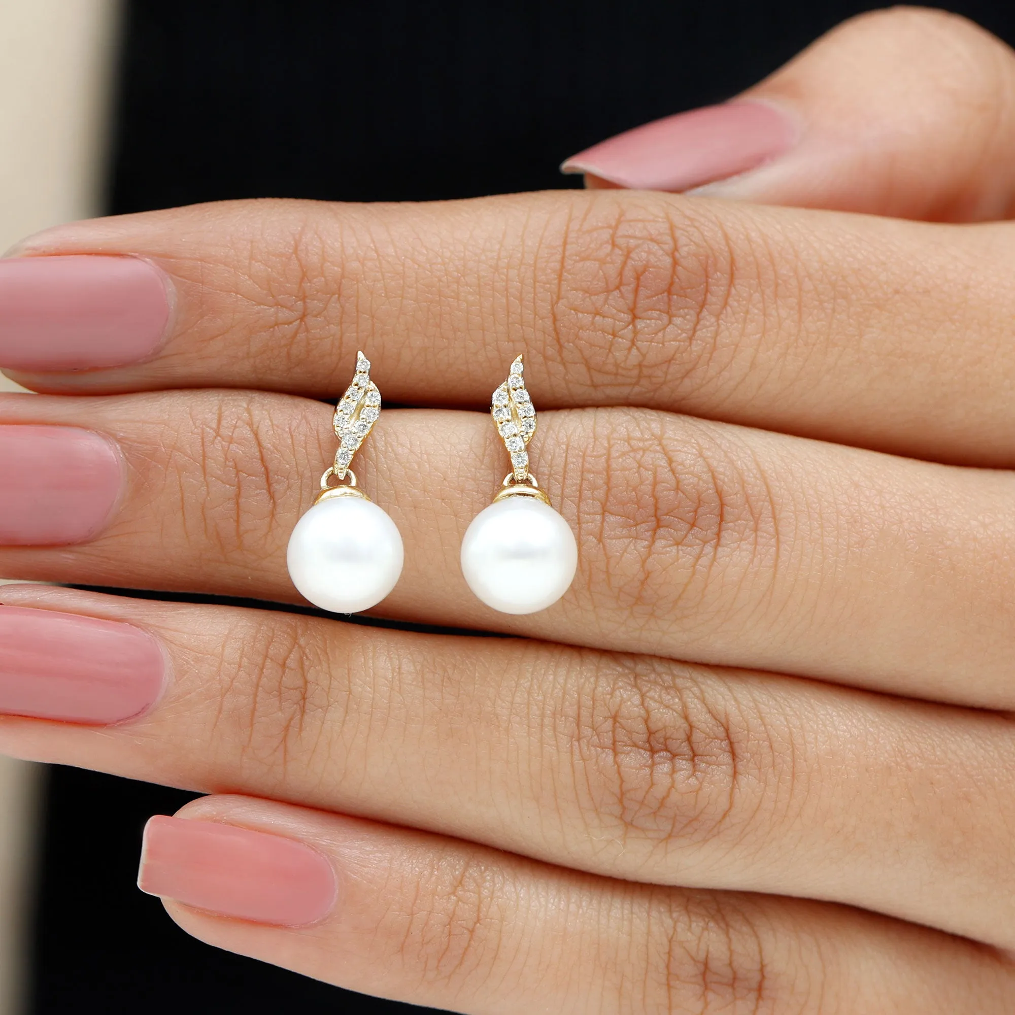 Simple Drop Earrings with Freshwater Pearl and Diamond Stones