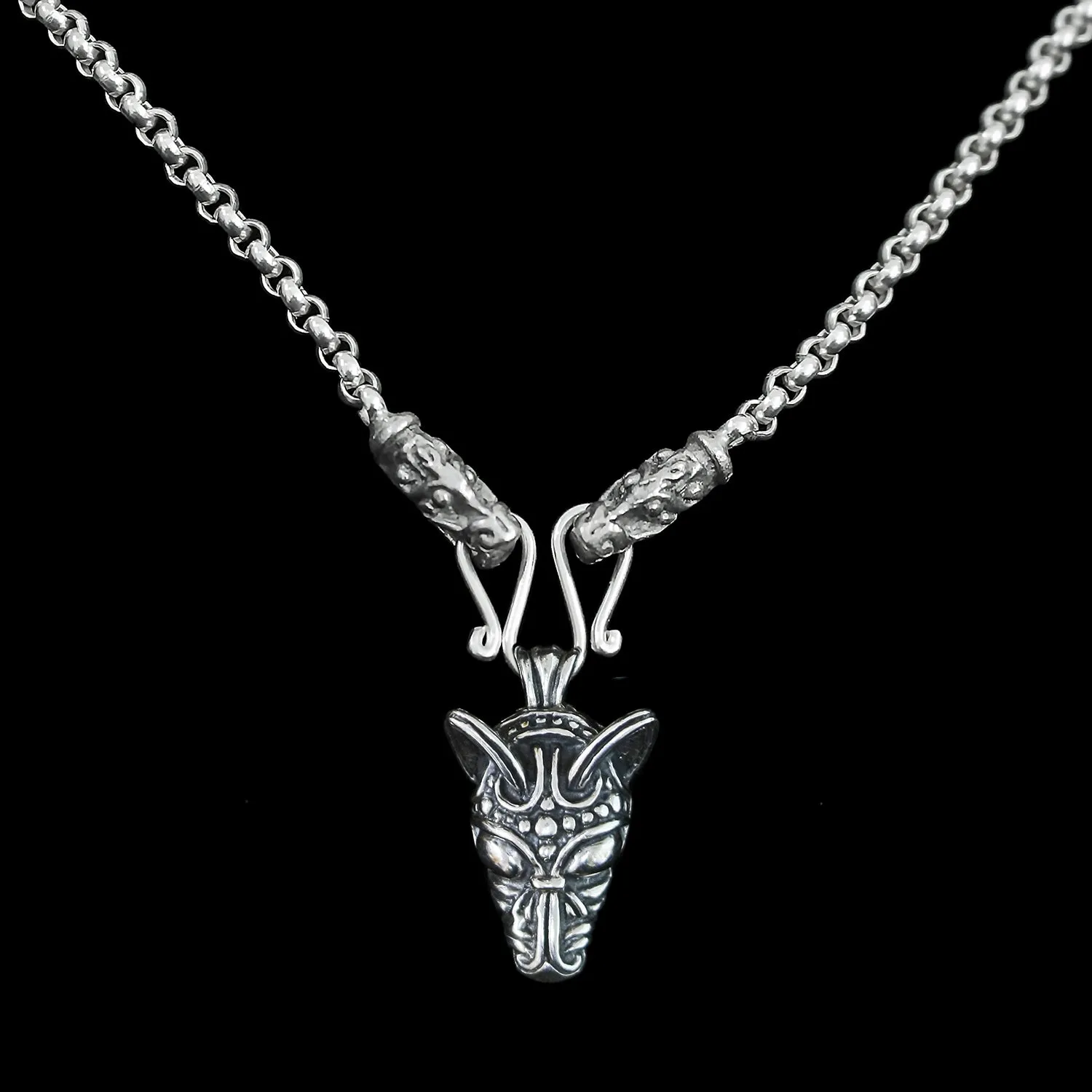 Slim Silver Anchor Chain Pendant Necklace with Gotland Dragon Heads