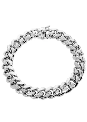 Solid Mens Miami Cuban Link Bracelet 10K White Gold