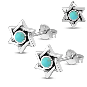 Star Of David Jewish Judaica 925 Sterling Silver Stud Earrings With Turquoise