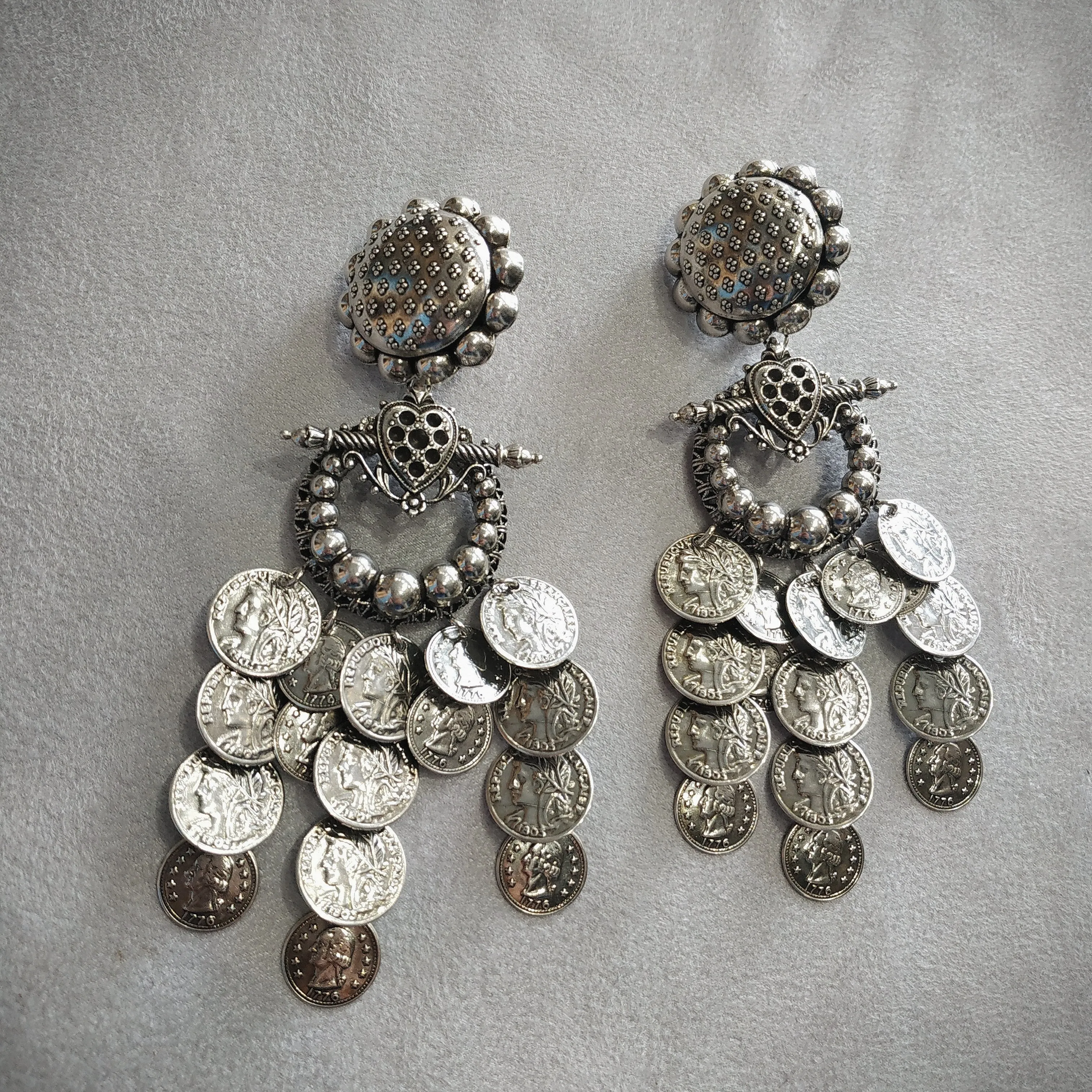 Statement vintage coin stamping drop chandelier earrings