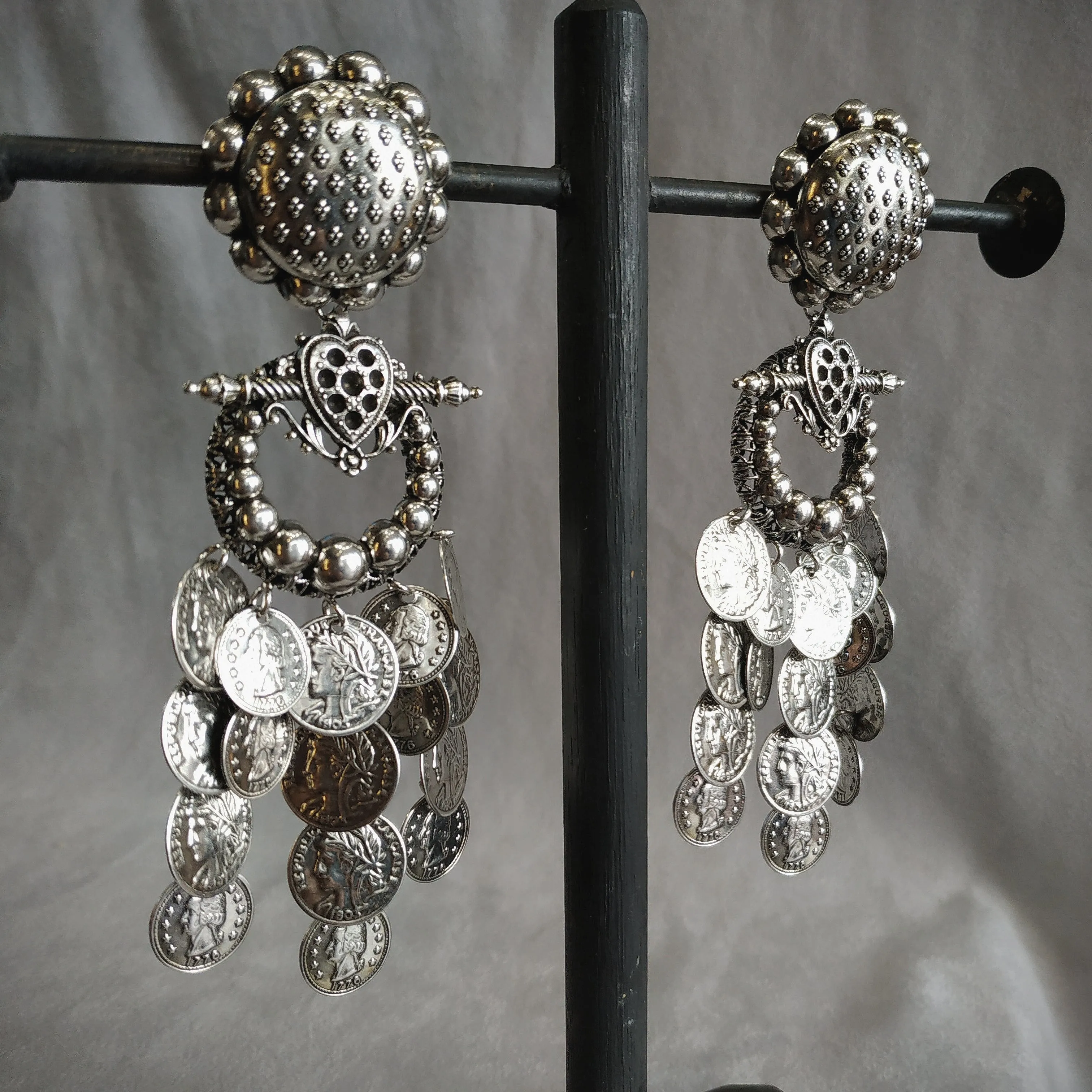 Statement vintage coin stamping drop chandelier earrings