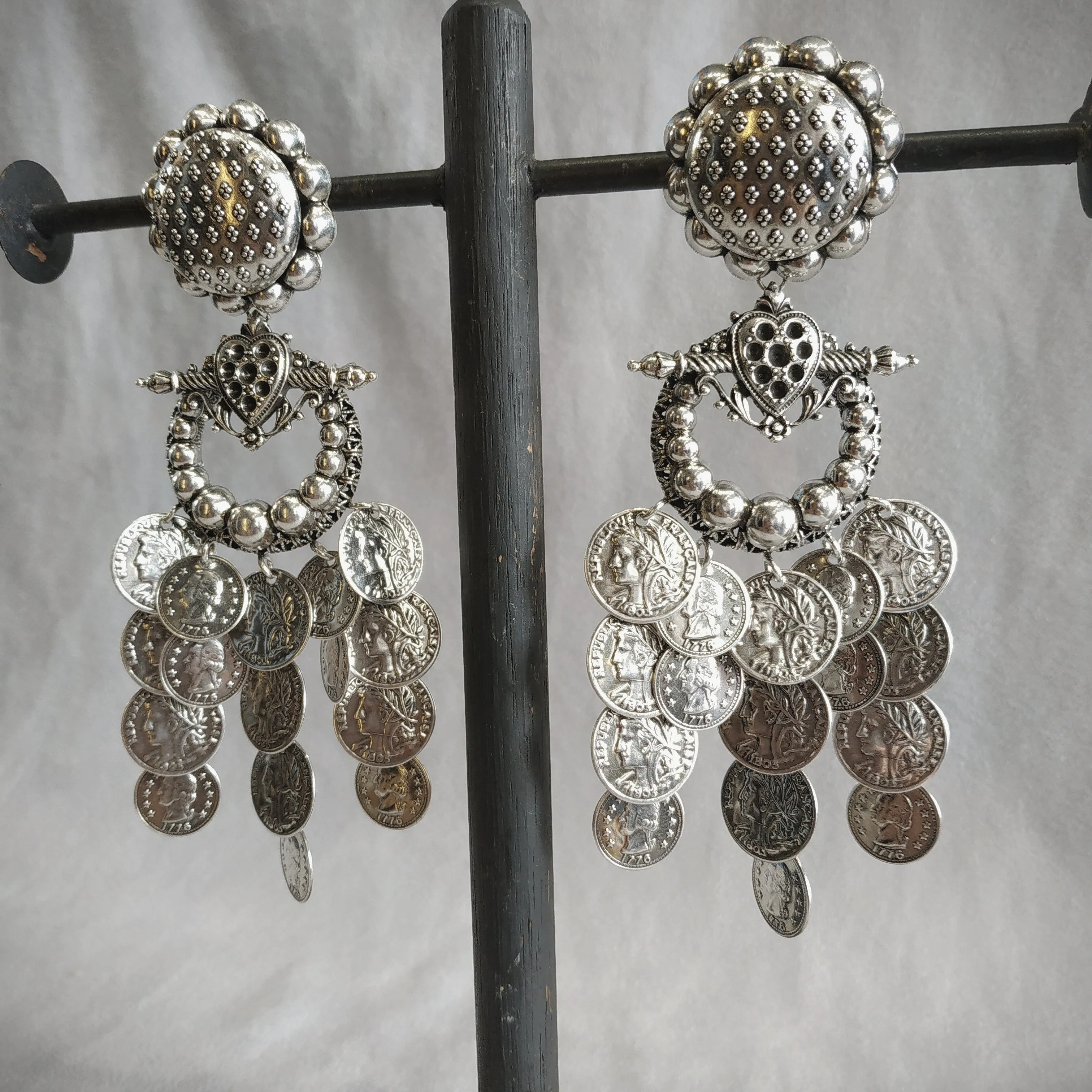 Statement vintage coin stamping drop chandelier earrings