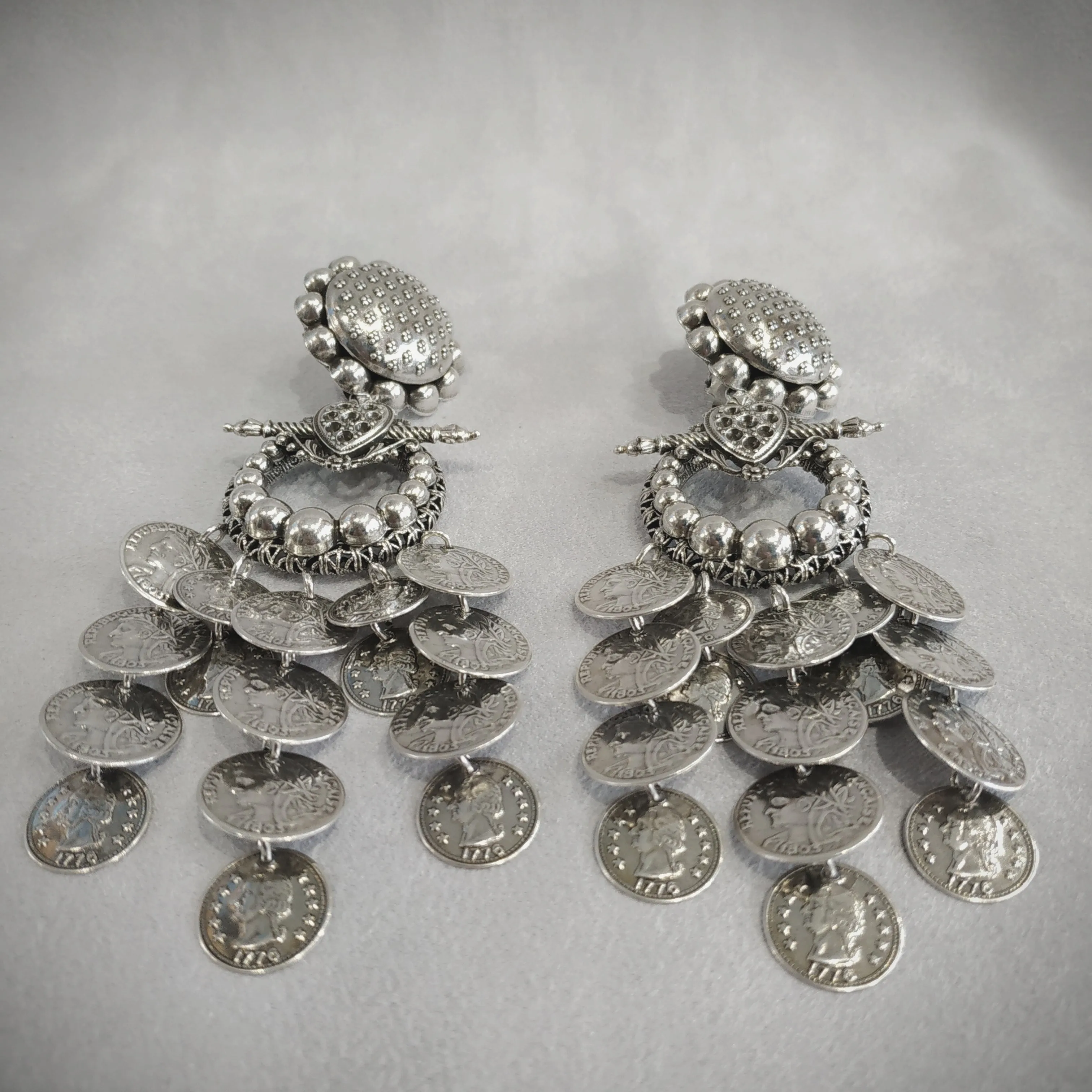 Statement vintage coin stamping drop chandelier earrings