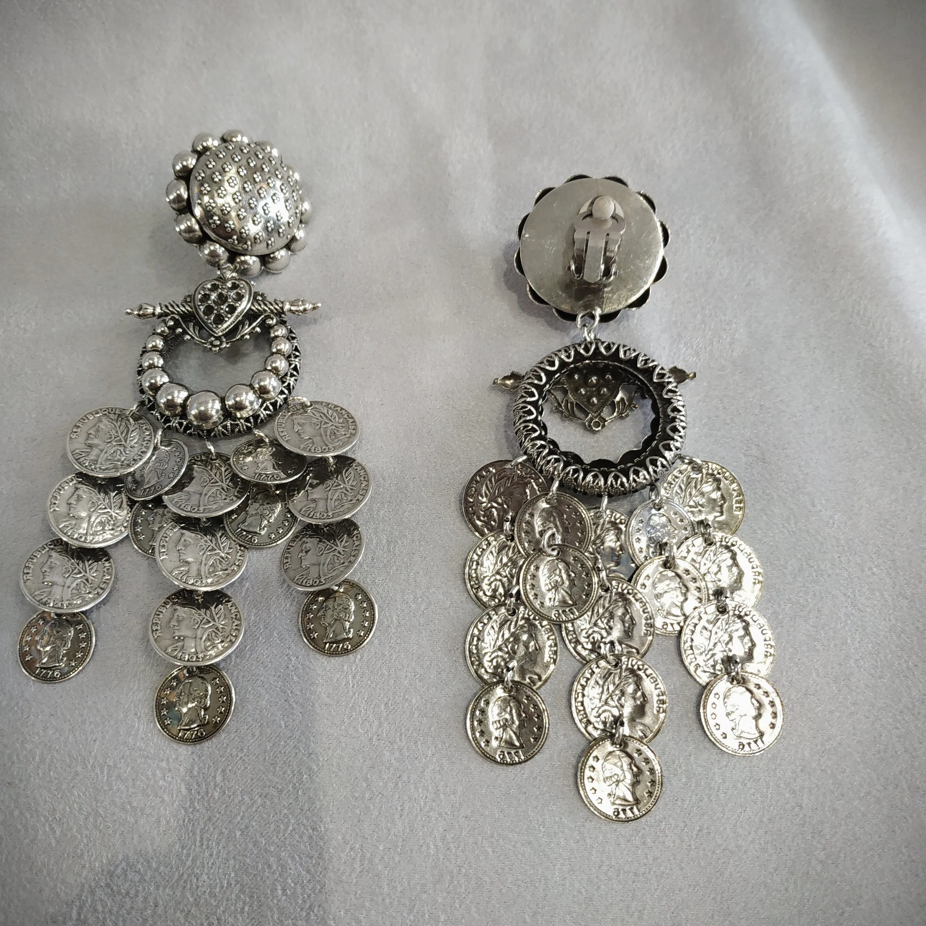 Statement vintage coin stamping drop chandelier earrings