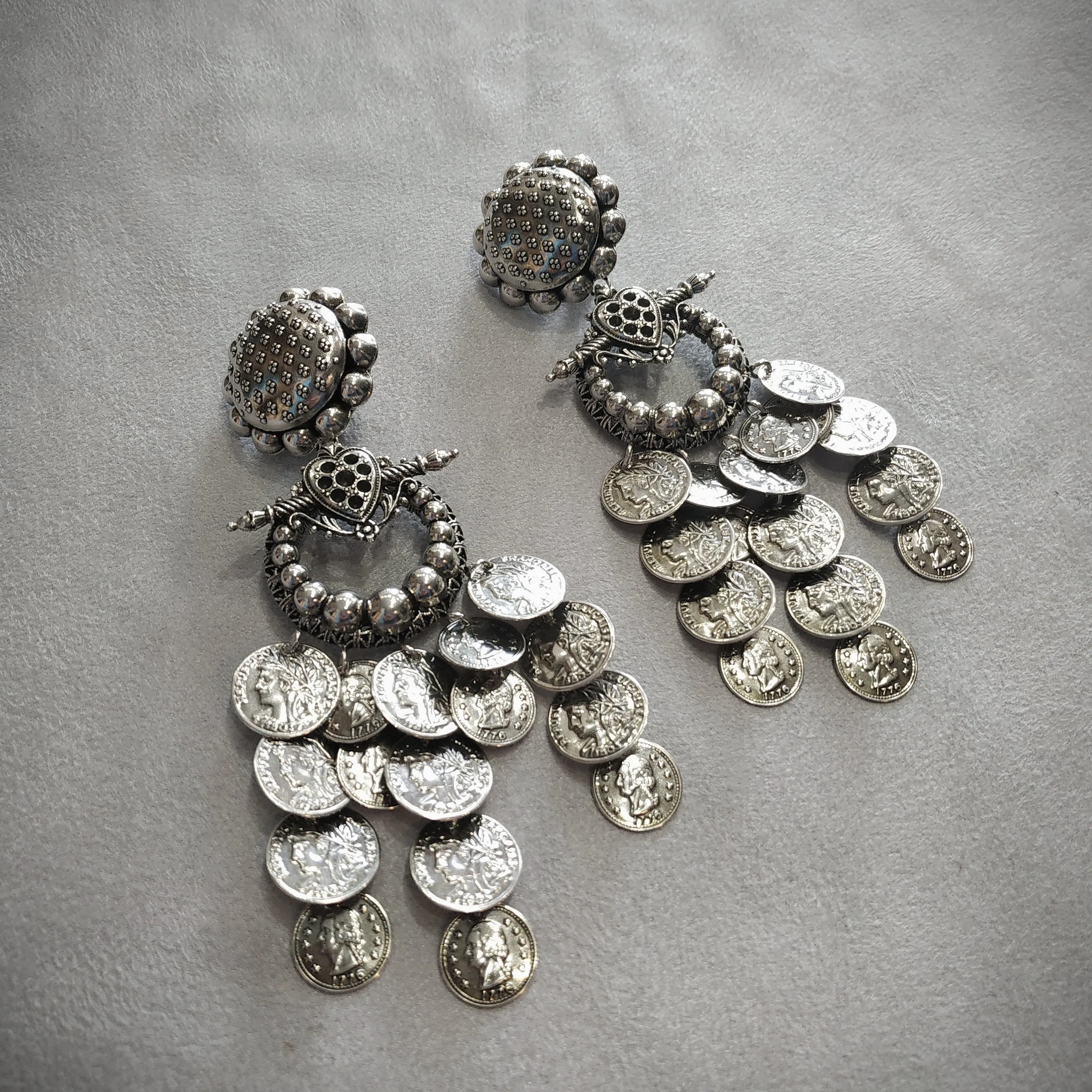 Statement vintage coin stamping drop chandelier earrings