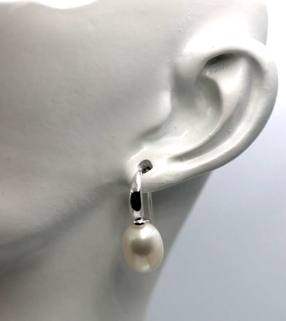 Sterling Silver 925 Oval Freshwater Cultured Pearl Drop Hook Earrings