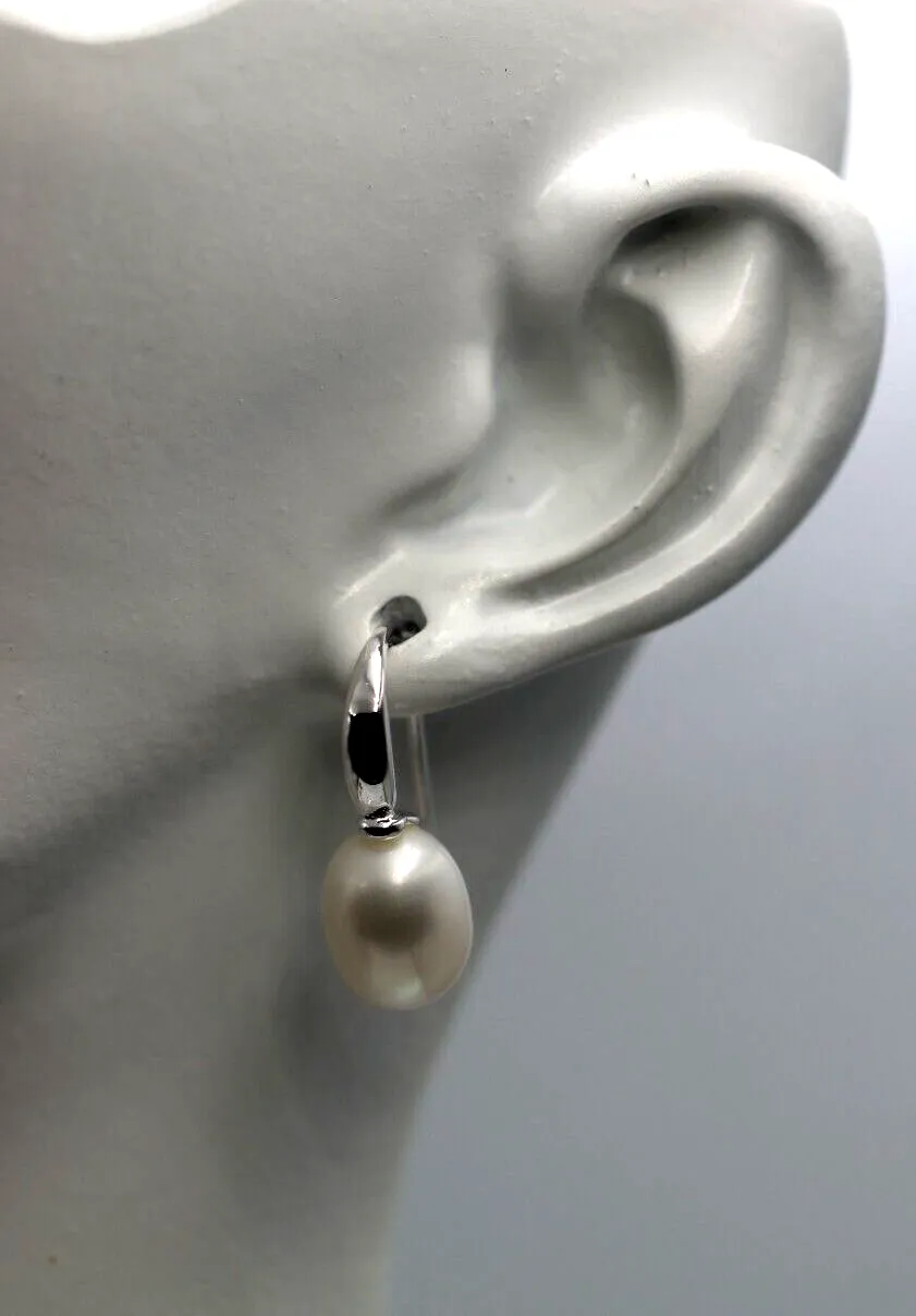 Sterling Silver 925 Oval Freshwater Cultured Pearl Drop Hook Earrings