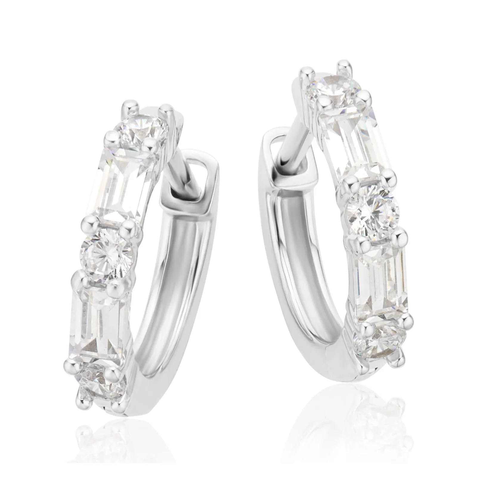 Sterling Silver Baguette & Round Cut White Cubic Zirconia Huggie Earrings