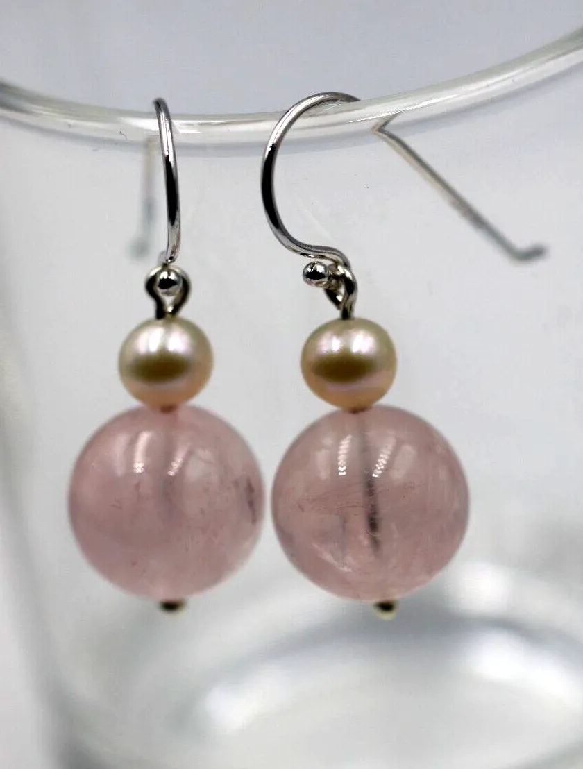 Sterling Silver Freshwater Cultured Pearl & Rose Quartz Hook Earrings