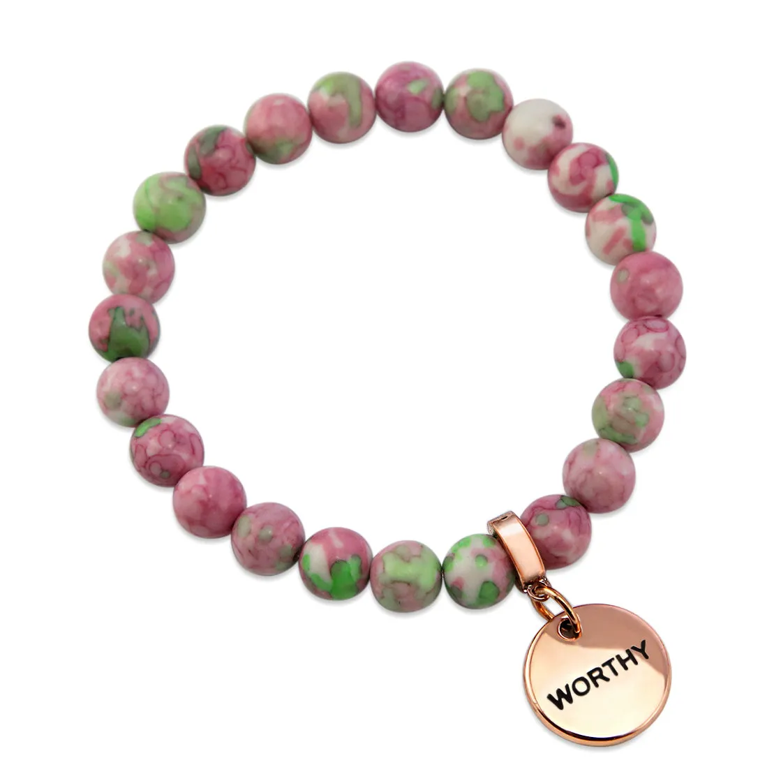 Stone Bracelet - Rose & Lime Patch Agate Stone 8mm Beads - with Rose Gold Word Charms