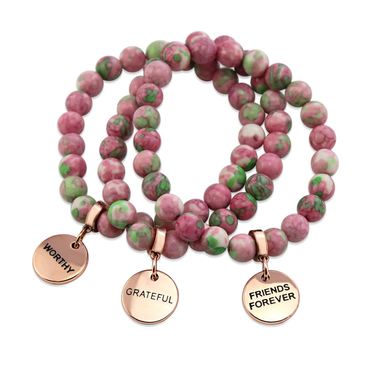 Stone Bracelet - Rose & Lime Patch Agate Stone 8mm Beads - with Rose Gold Word Charms