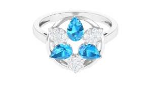 Swiss Blue Topaz Floral Cocktail Ring with Diamond