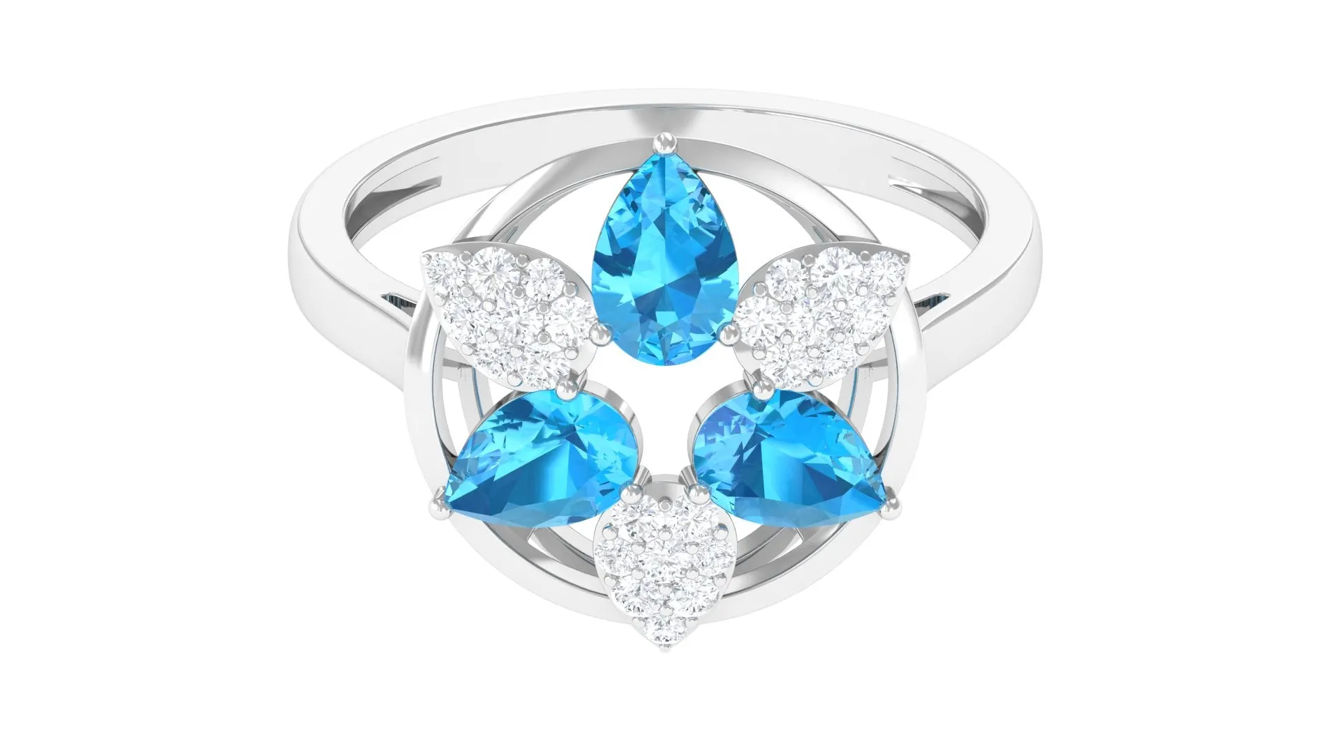 Swiss Blue Topaz Floral Cocktail Ring with Diamond