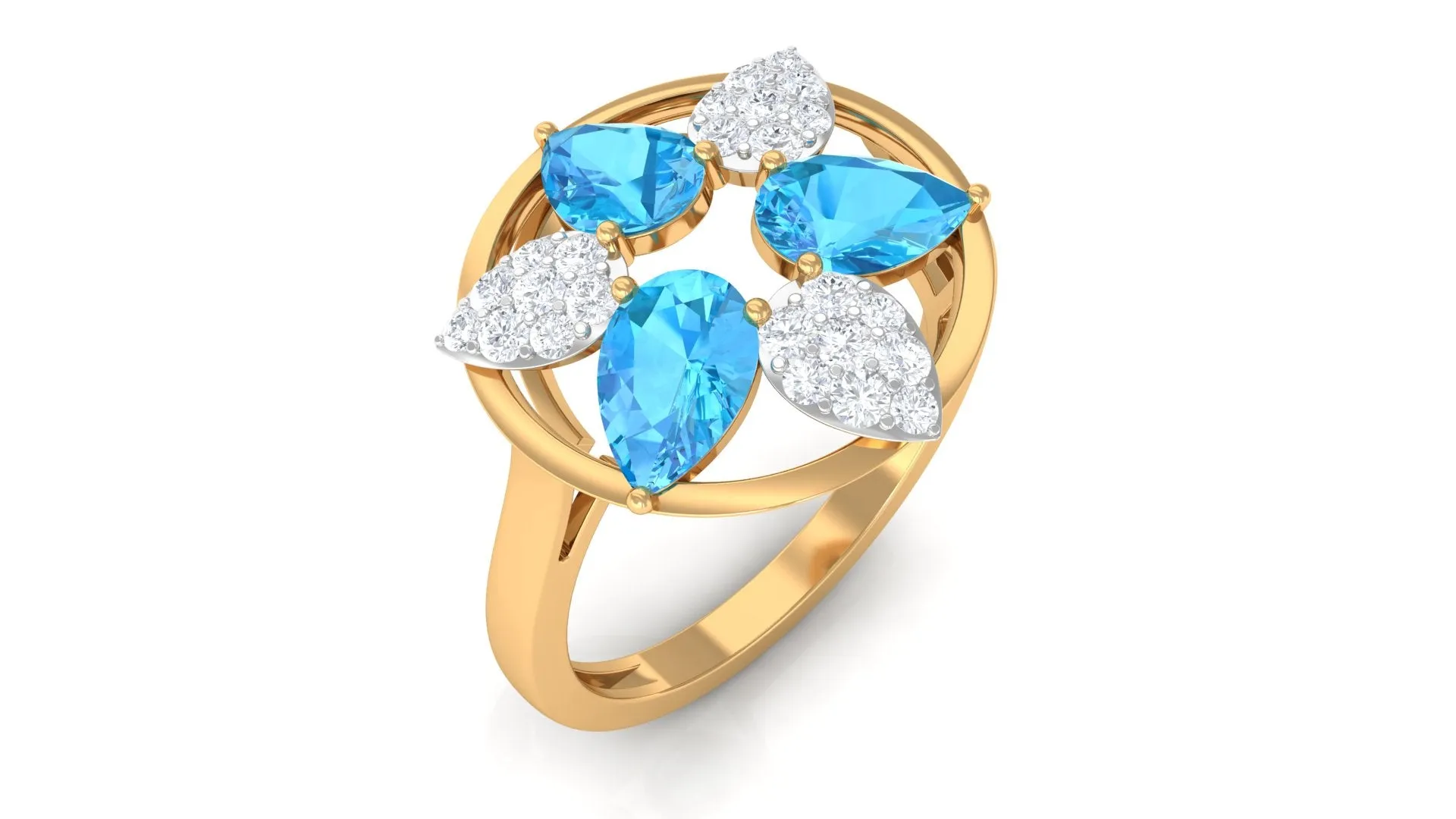 Swiss Blue Topaz Floral Cocktail Ring with Diamond