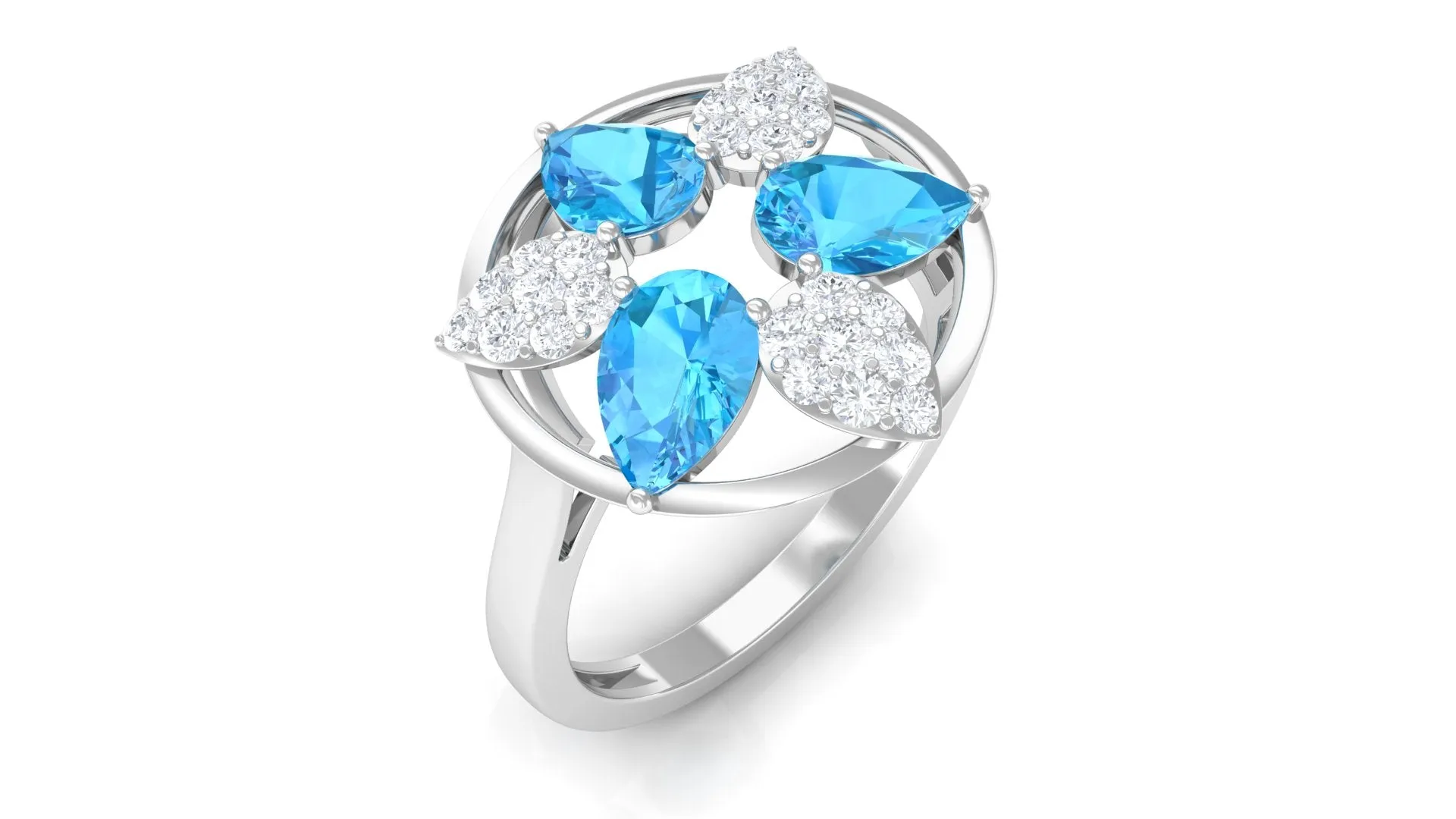 Swiss Blue Topaz Floral Cocktail Ring with Diamond