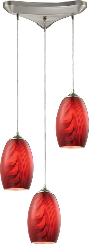 Tidewaters 3 Light Pendant In Satin Nickel and Ruby Glass