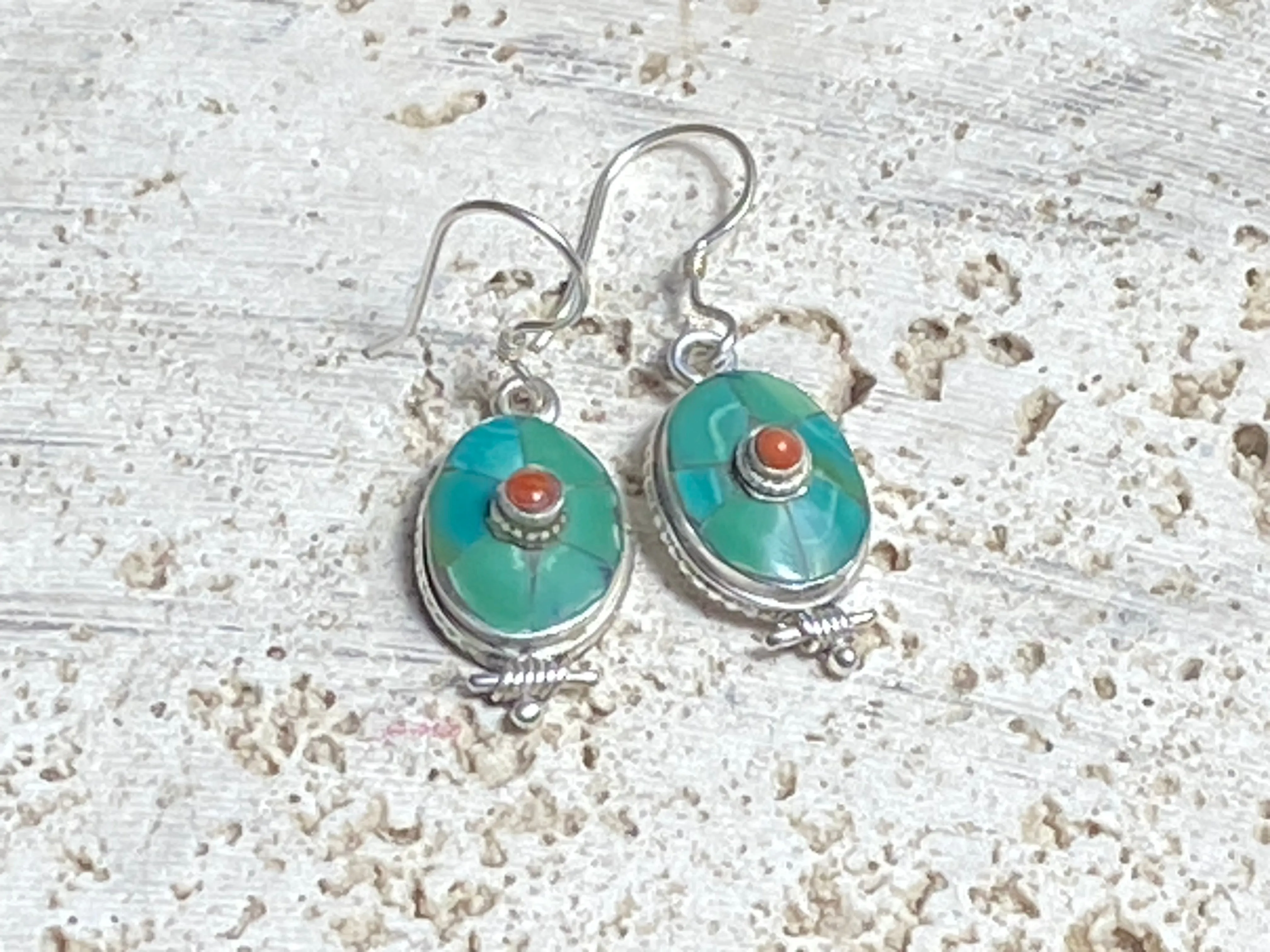 Turquoise And Silver Tibetan Earrings