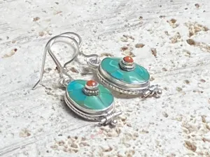 Turquoise And Silver Tibetan Earrings