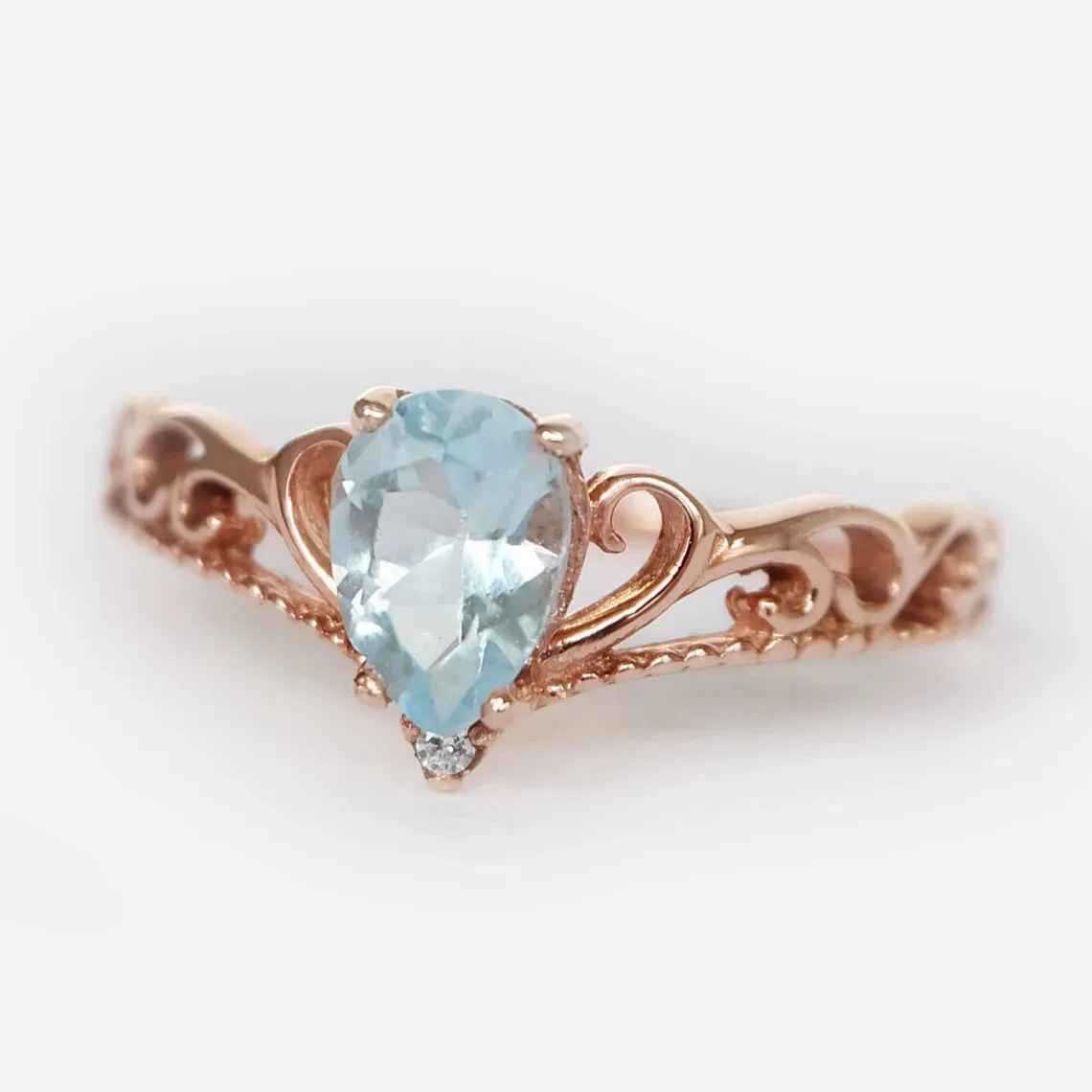 Vintage Crown Ring - Swiss Blue Topaz Engagement Ring - 14k Rose Gold Vermeil Ring