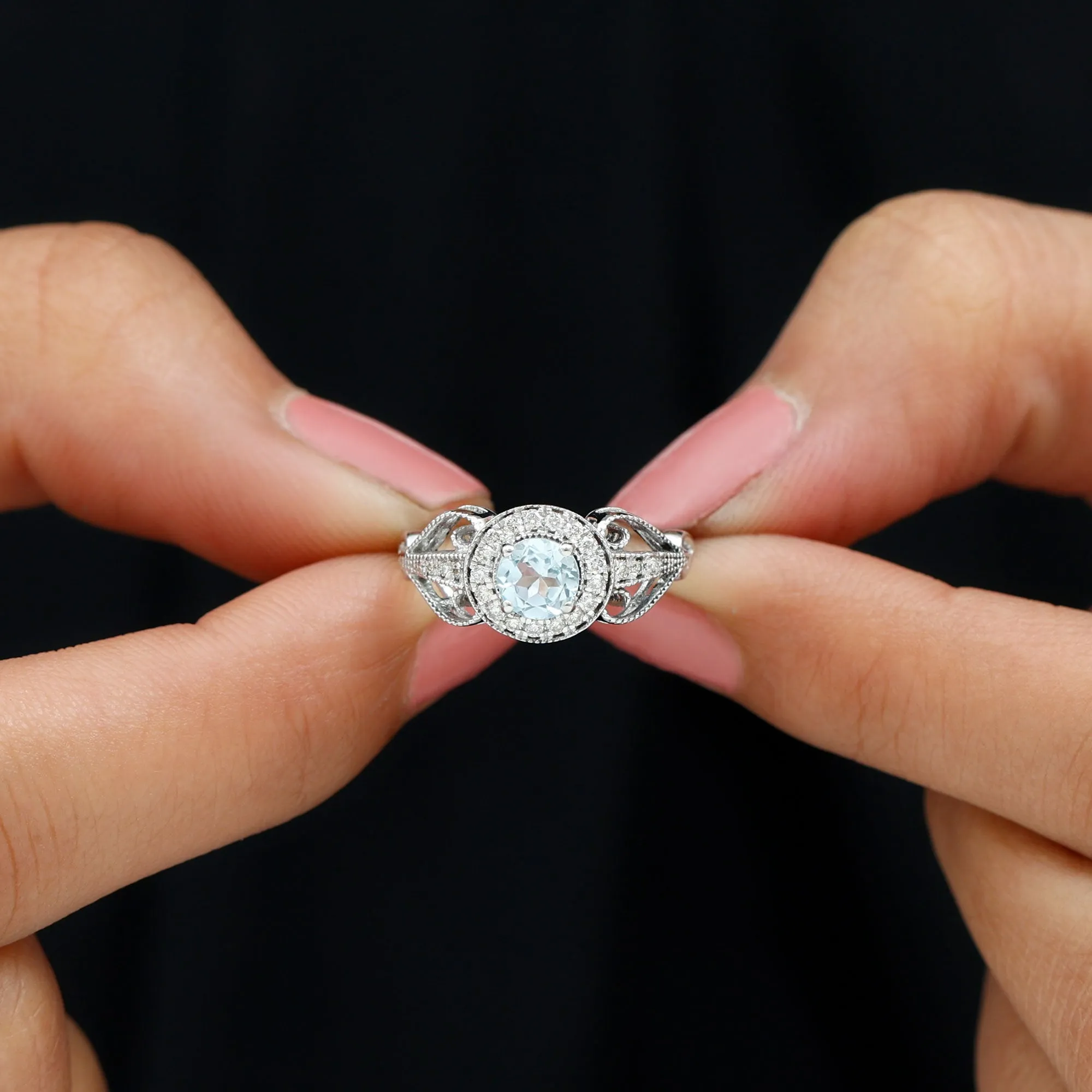 Vintage Inspired Real Sky Blue Topaz and Diamond Engagement Ring