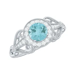 Vintage Inspired Real Sky Blue Topaz and Diamond Engagement Ring