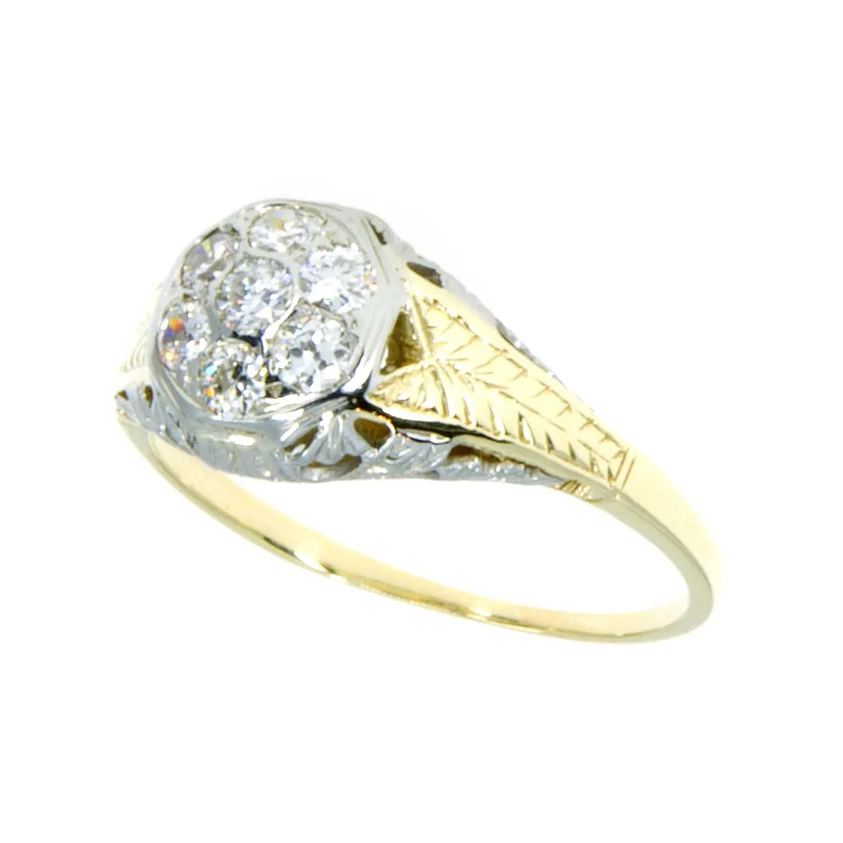 White & Yellow Gold Filigree Diamond Cluster Ring