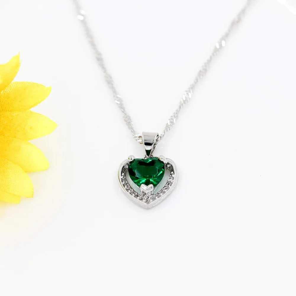 White Gold Plated Green CZ Double Heart Pendant Necklace