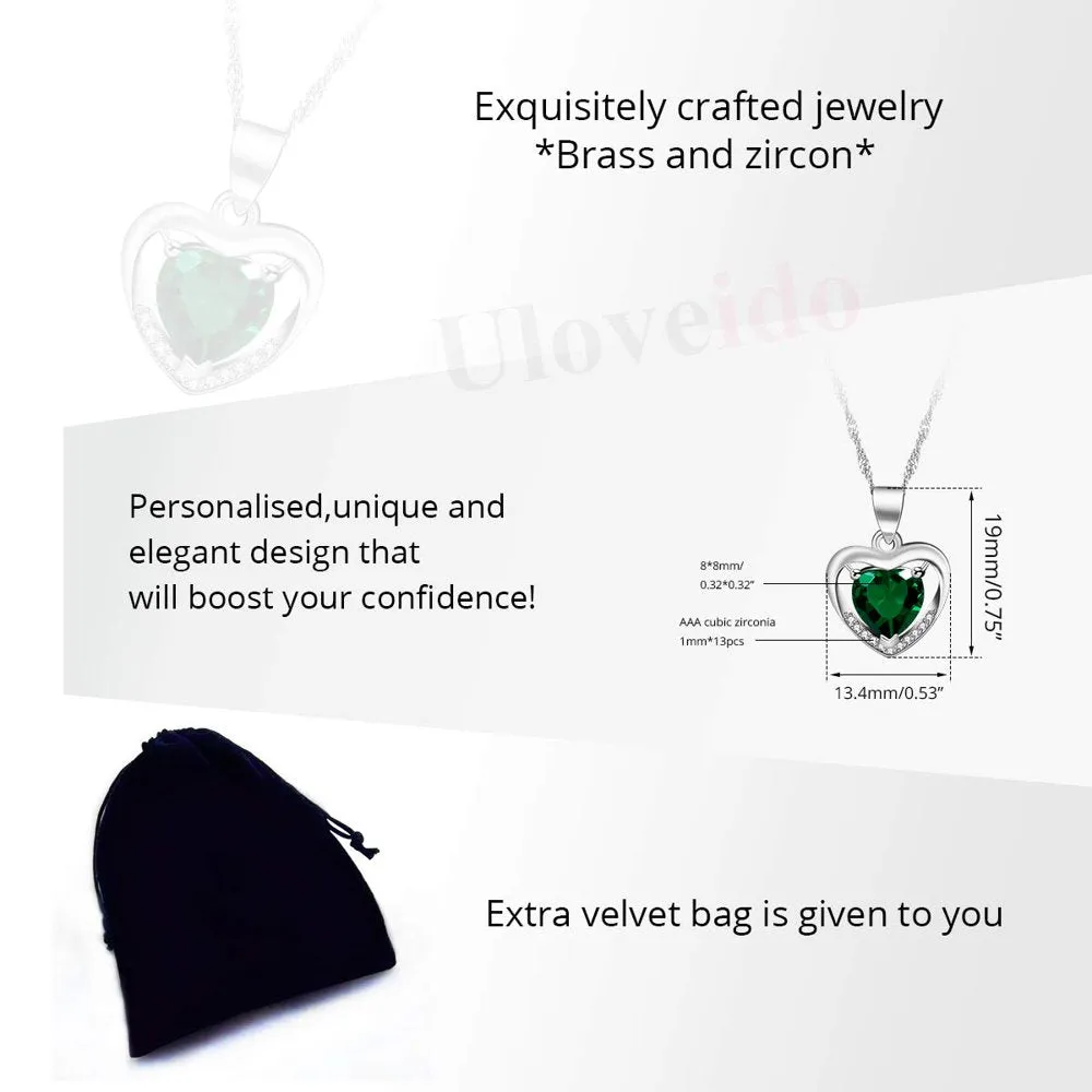 White Gold Plated Green CZ Double Heart Pendant Necklace