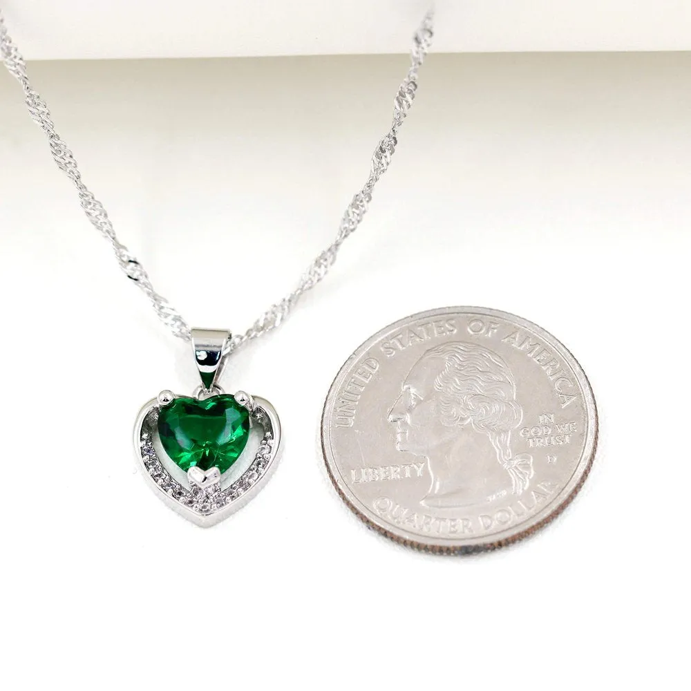 White Gold Plated Green CZ Double Heart Pendant Necklace