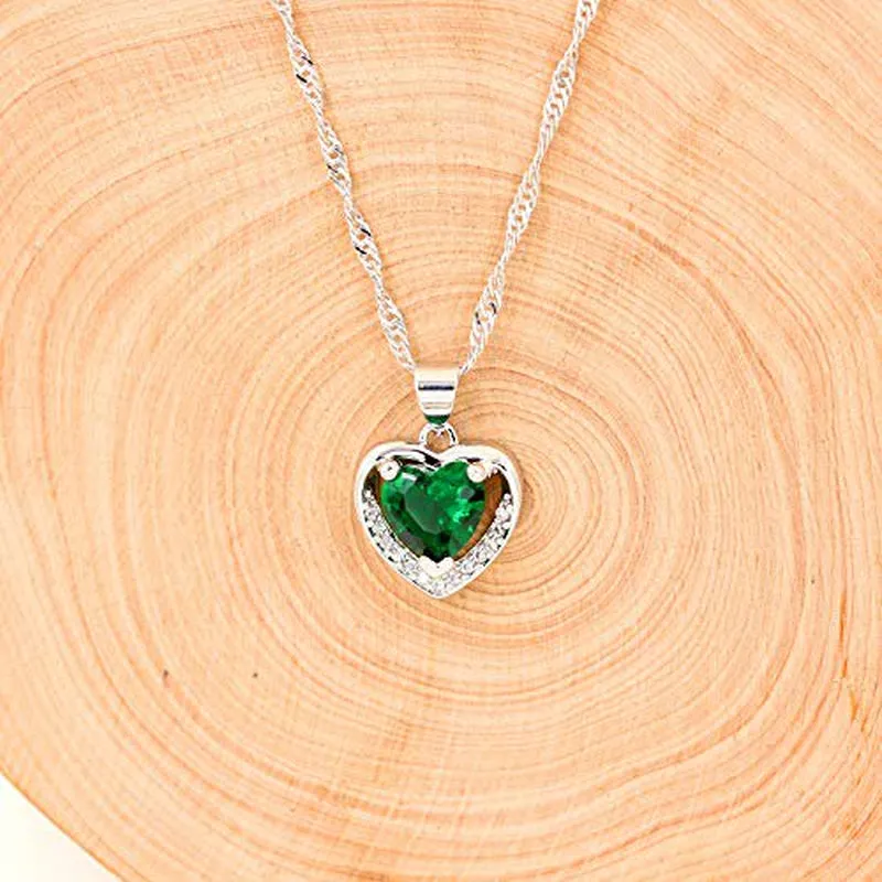 White Gold Plated Green CZ Double Heart Pendant Necklace