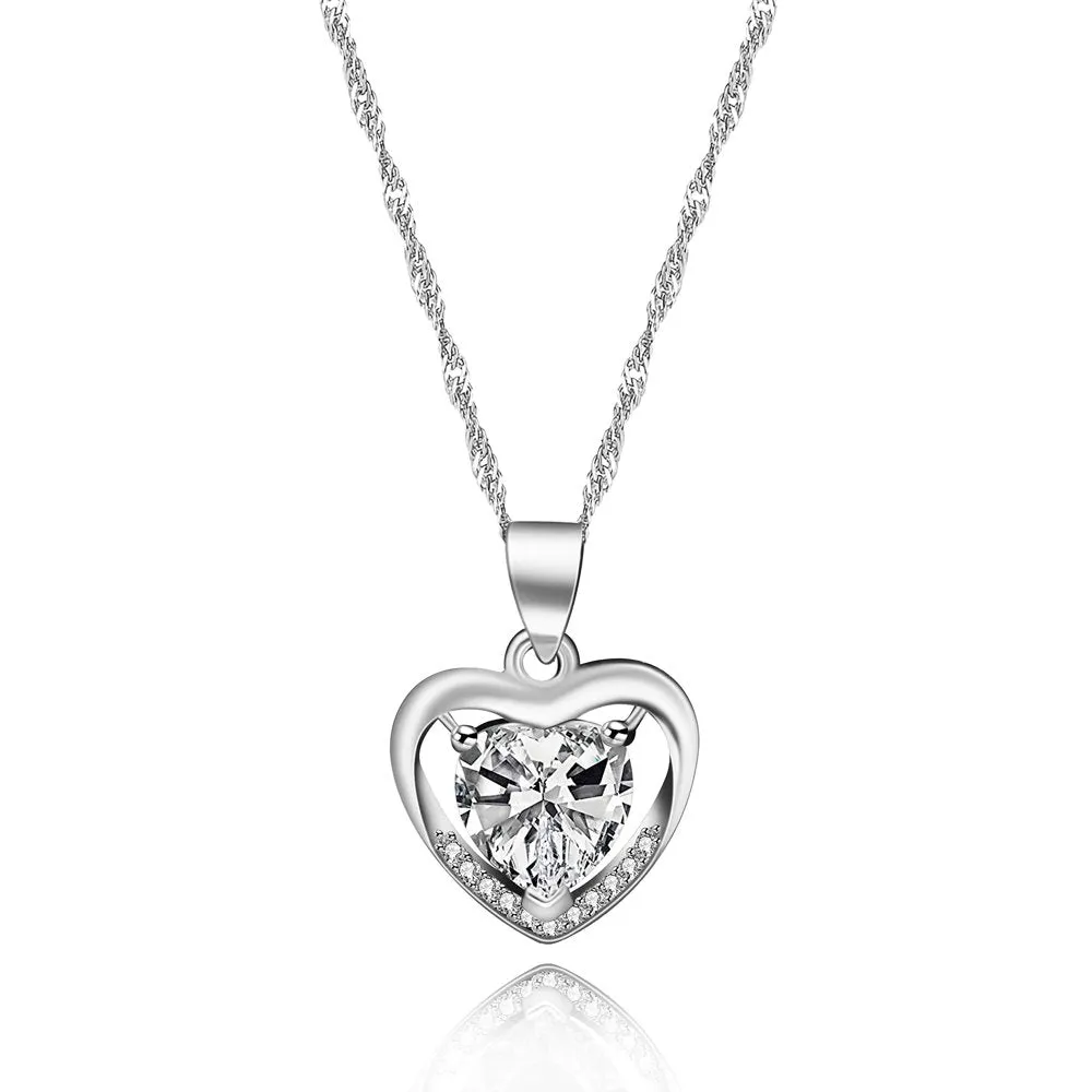 White Gold Plated Green CZ Double Heart Pendant Necklace