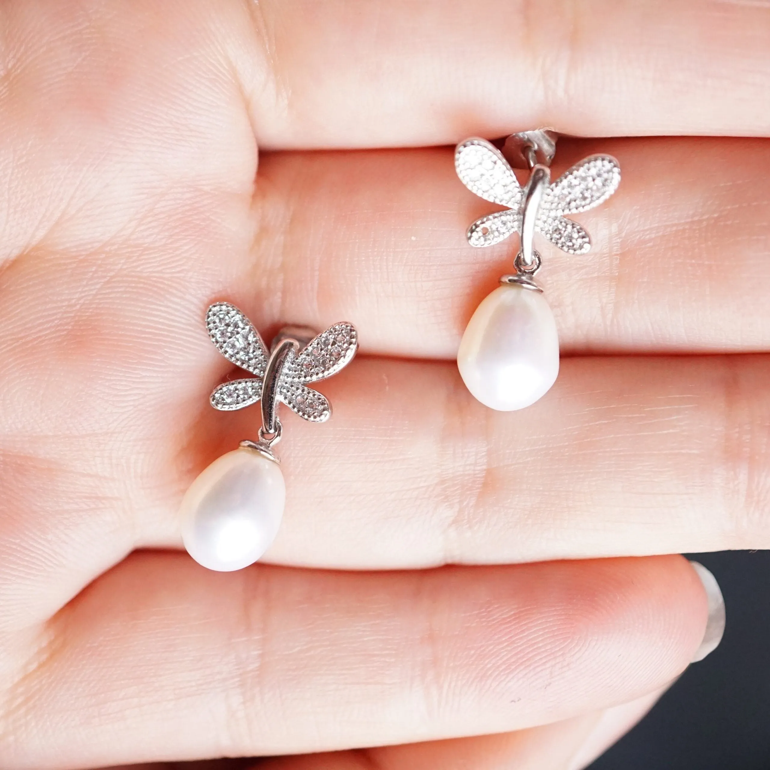 Willow X - Real Silver Freshwater Pearl Butterfly Drop Earrings