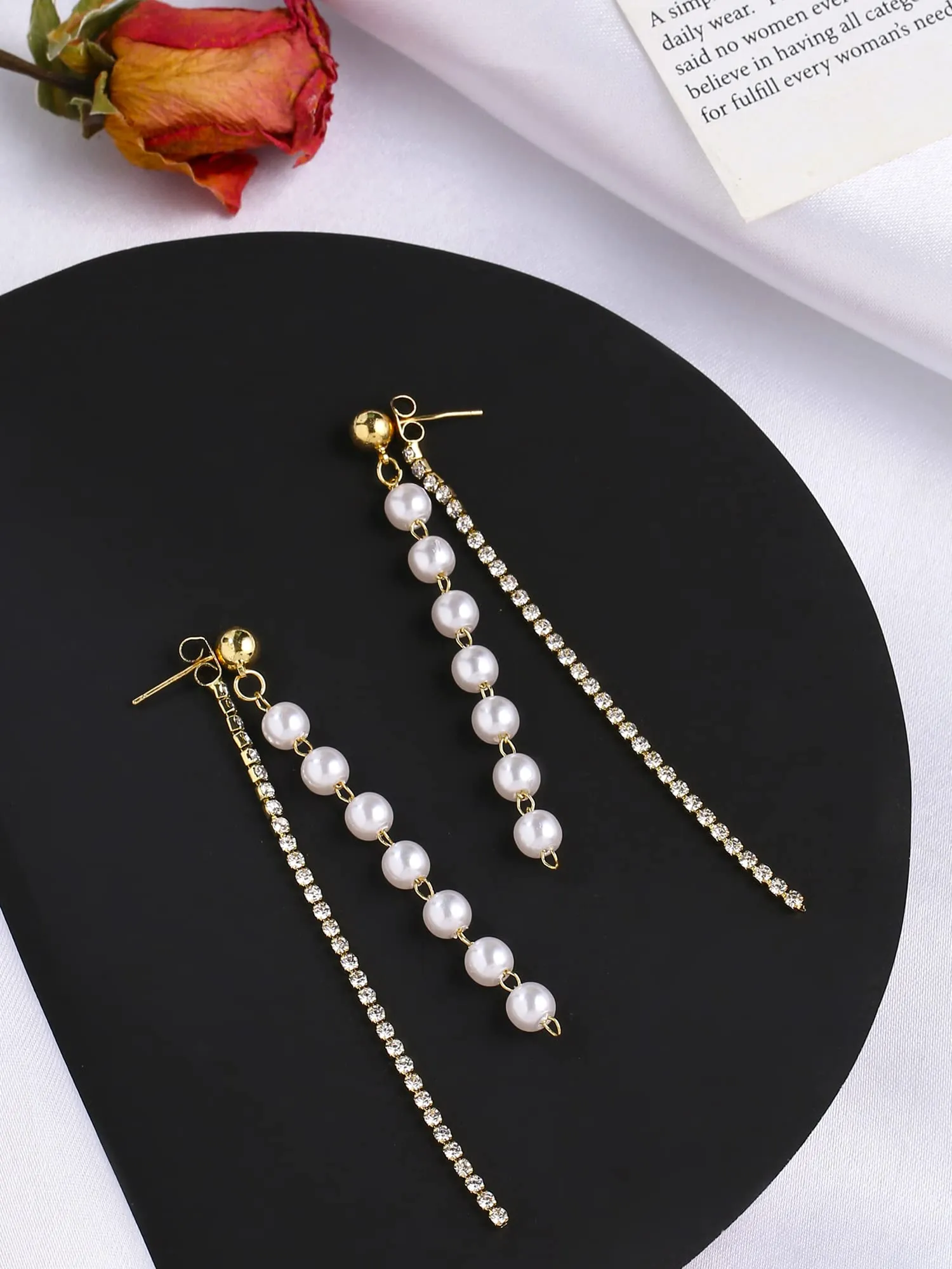 Yellow Chimes Earrings for Women and Girls Fashion White Pearl Dangler Earrings | Gold Plated Crystal Long Pearl Dangler Earrings | Birthday Gift for Girls & Women Anniversary Gift for Wife